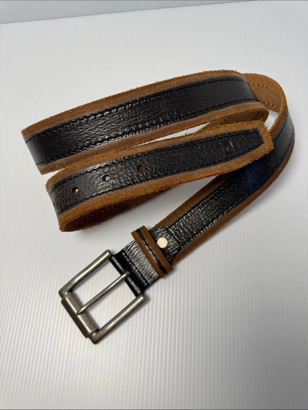 JOE'S Black Leather Brown Suede Raw Trim Men's Handmade Belt Size 38 Silver